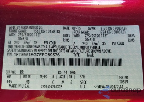 2015 Ford F-150 Lariat z USA, uszkodzony, nr VIN 1FTEW1EG7FFC89576